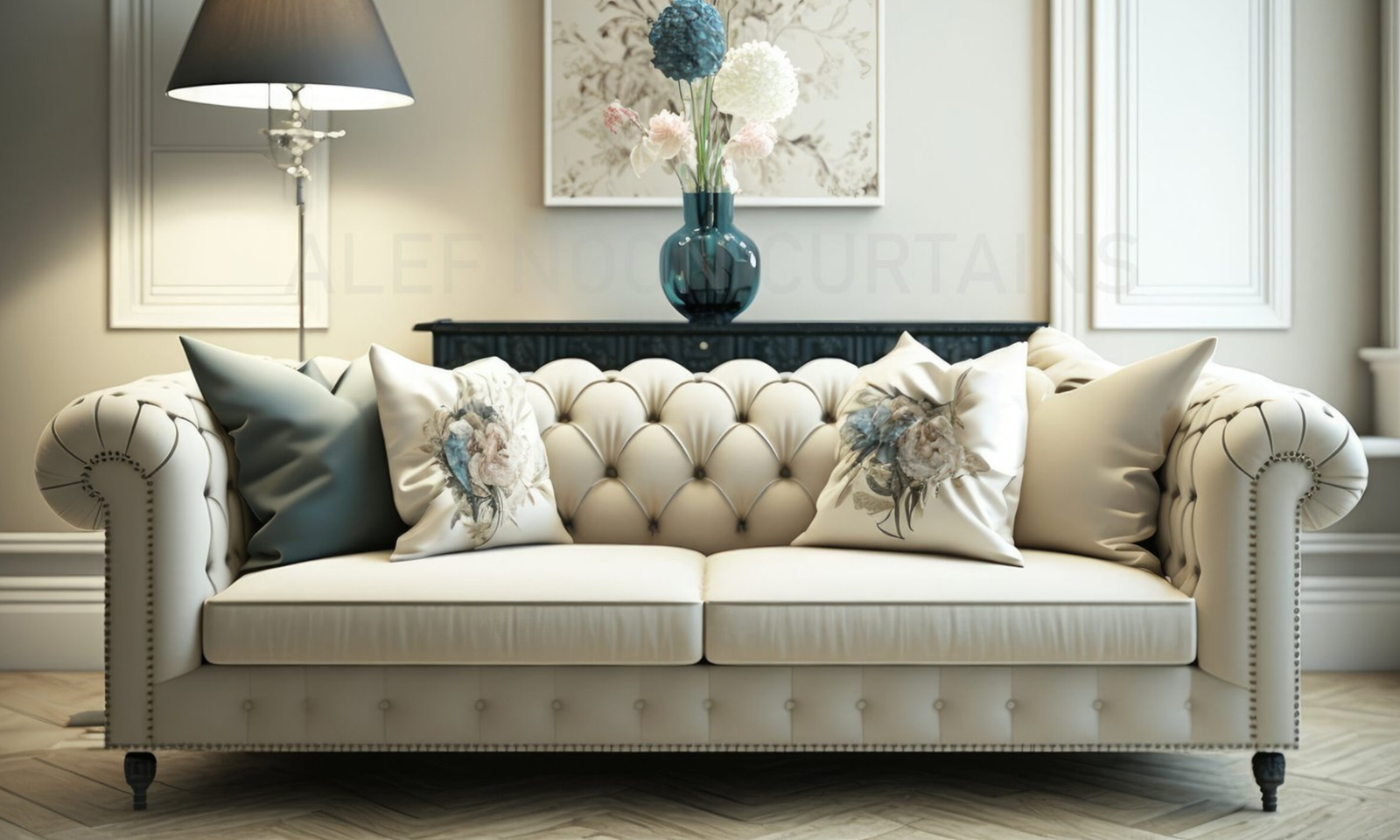 white velvet sofa in Dubai living room