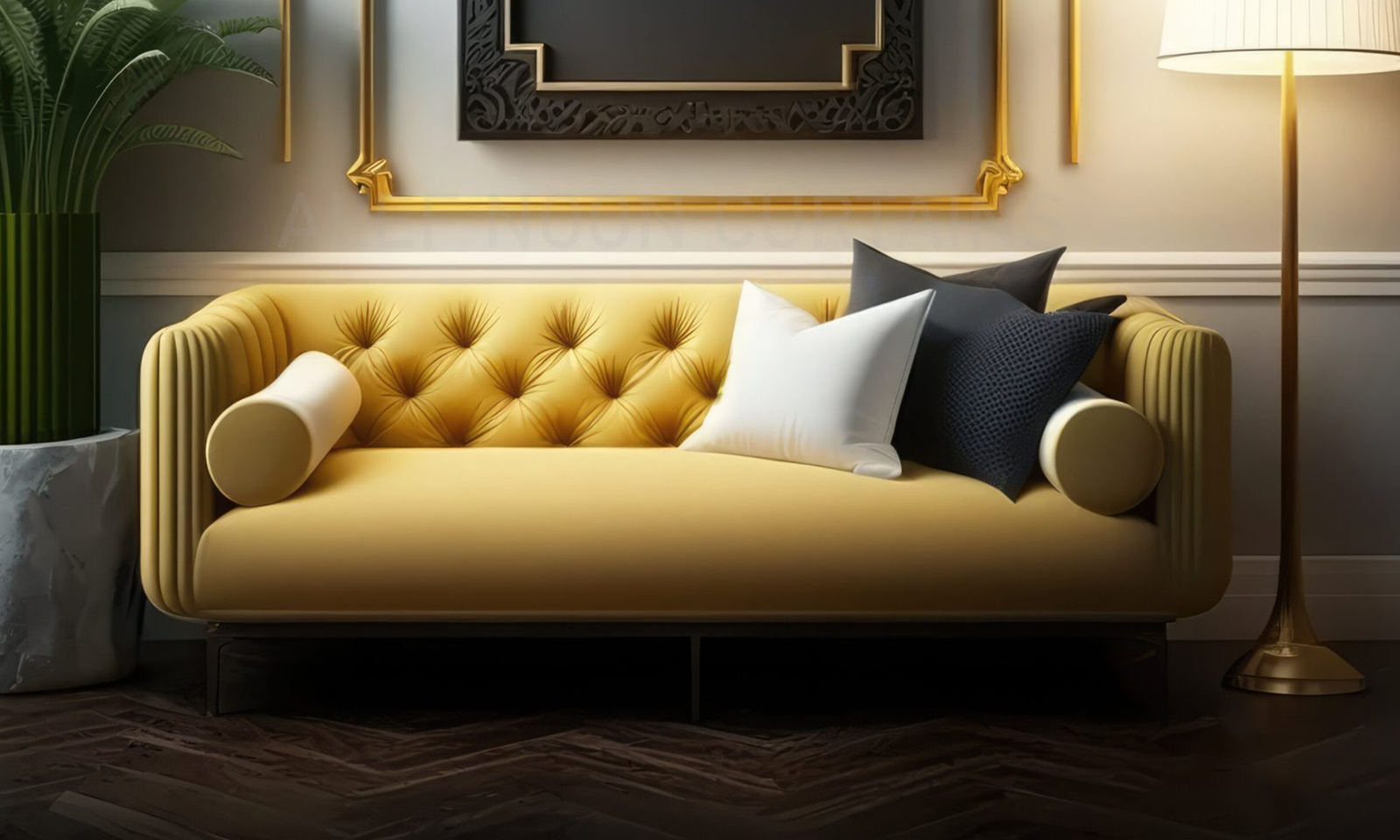 yellow velvet sofa in Dubai living room
