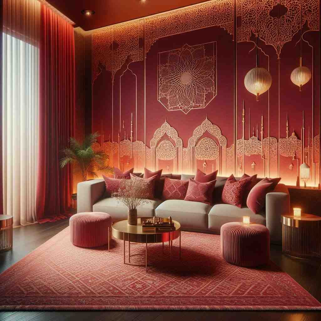 red wallpaper with Arabian patterns in Dubai living room