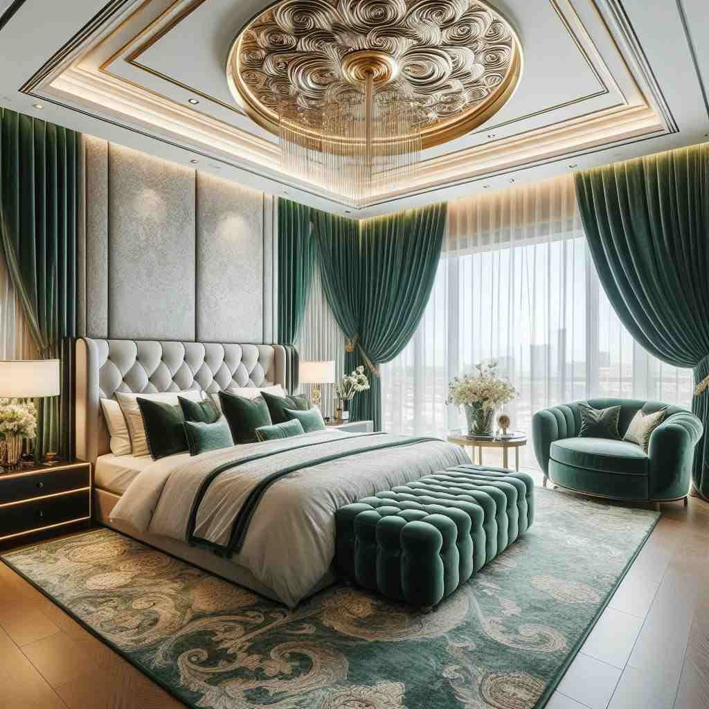 Window treatment in Dubai bedroom emerald green curtains