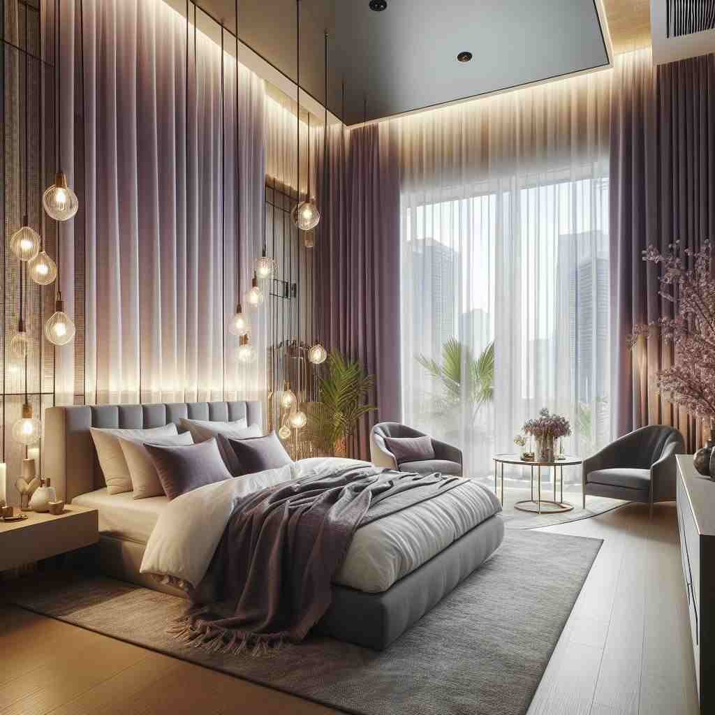 window treatment in Dubai bedroom purple curtains 