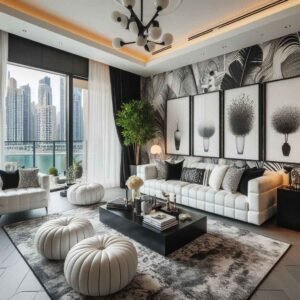 black and white chick interiors Dubai living room 