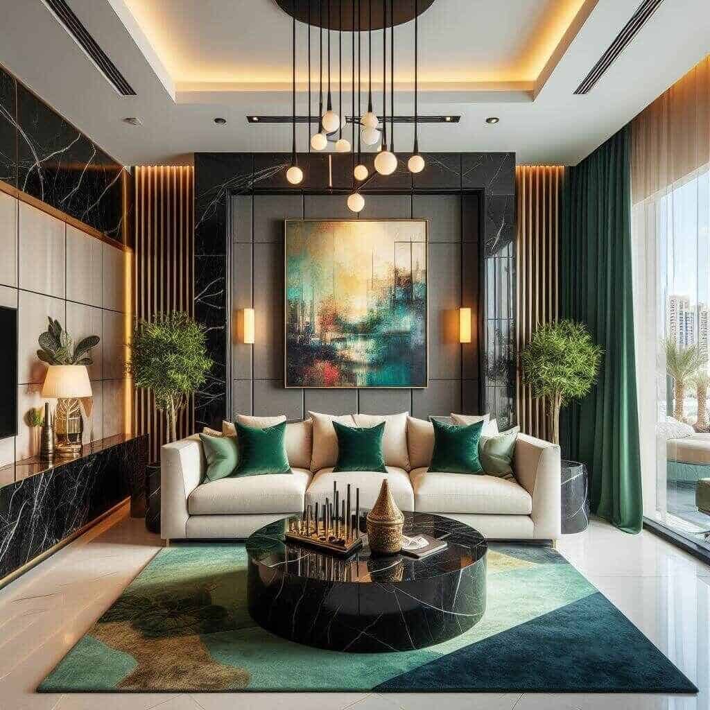 Dubai living room design emerald green curtains, beige sofa 