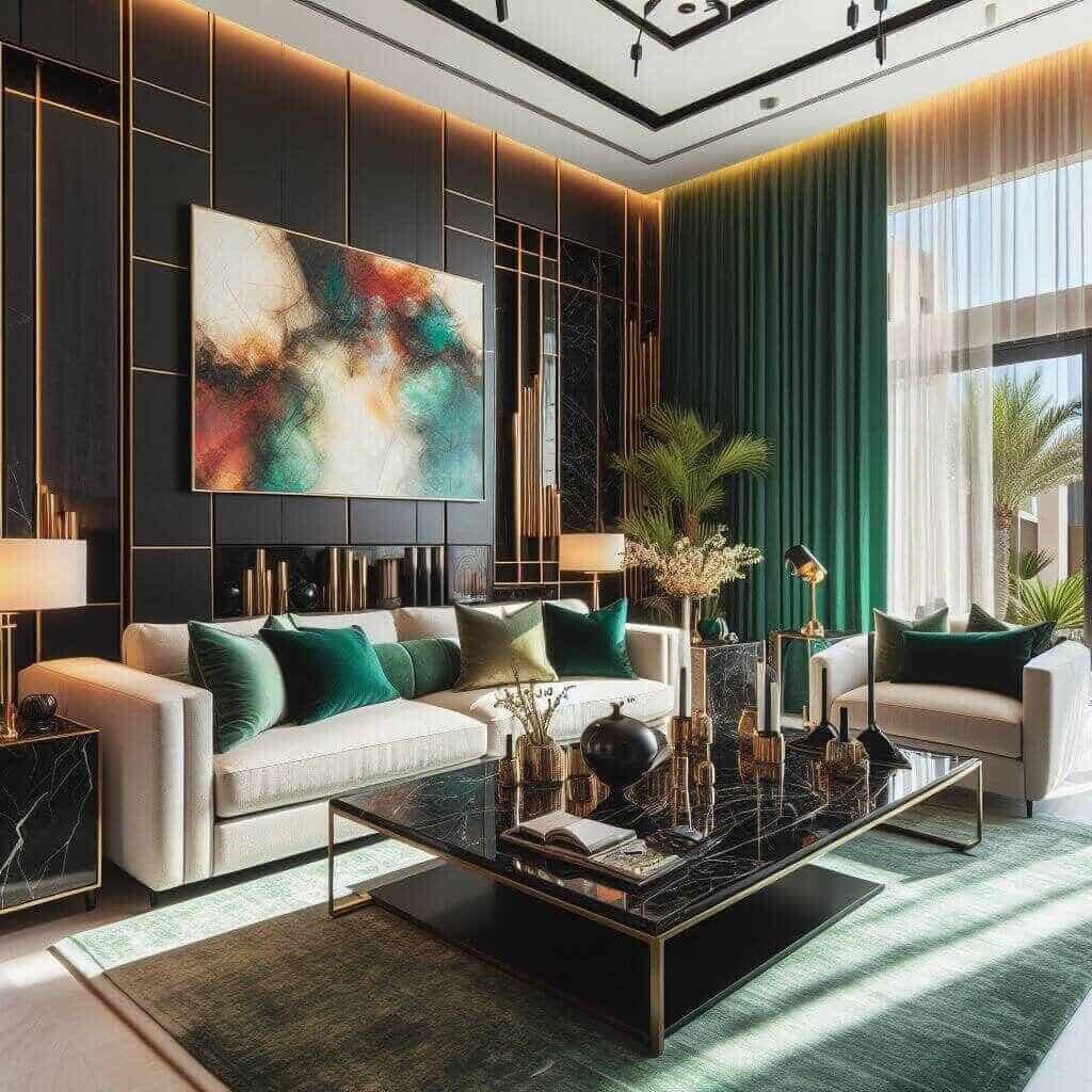 Dubai living room design emerald green curtains white sofa 