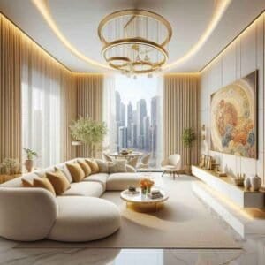 Dubai living room design beige sofa beige curtains