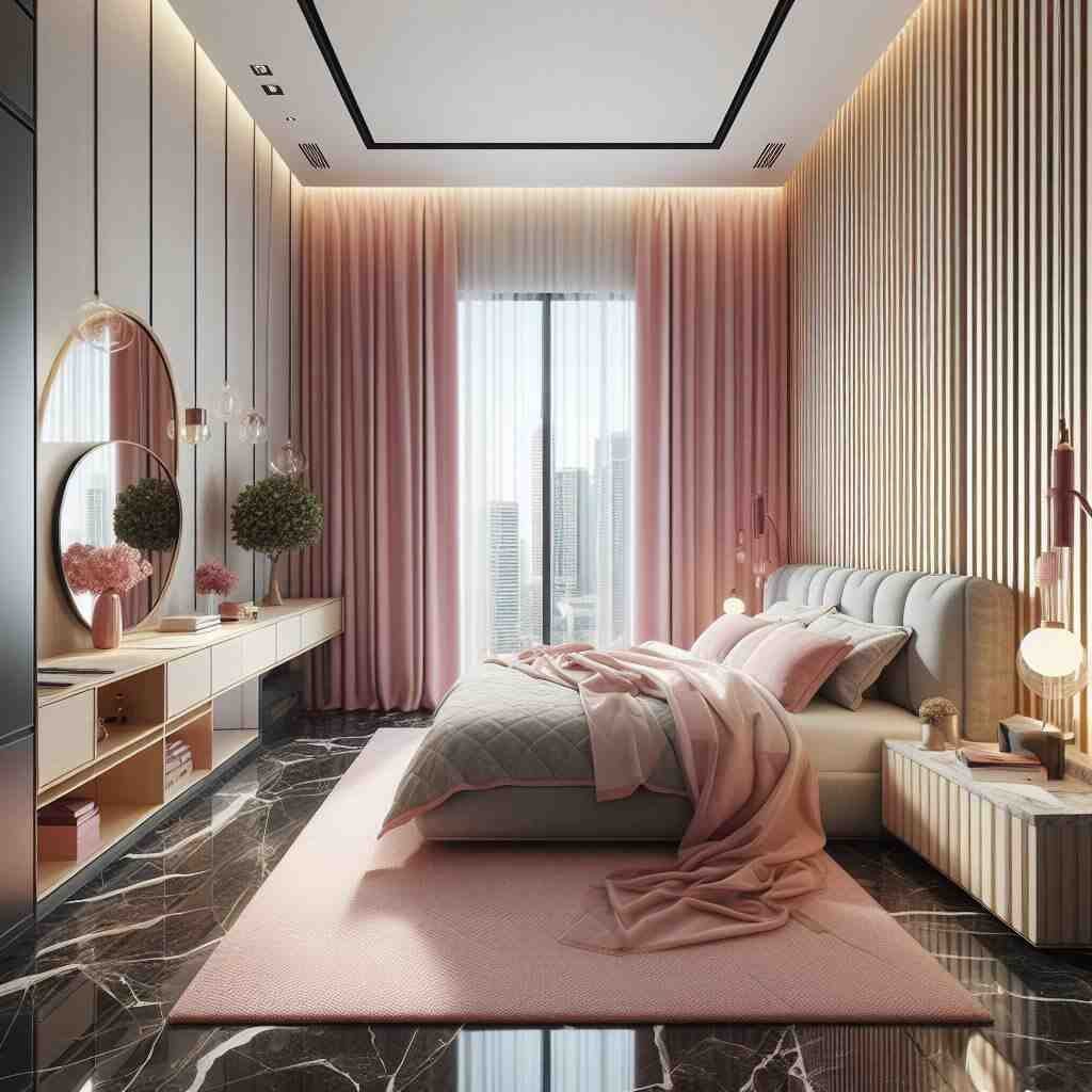 Small room design mirror pink curtains