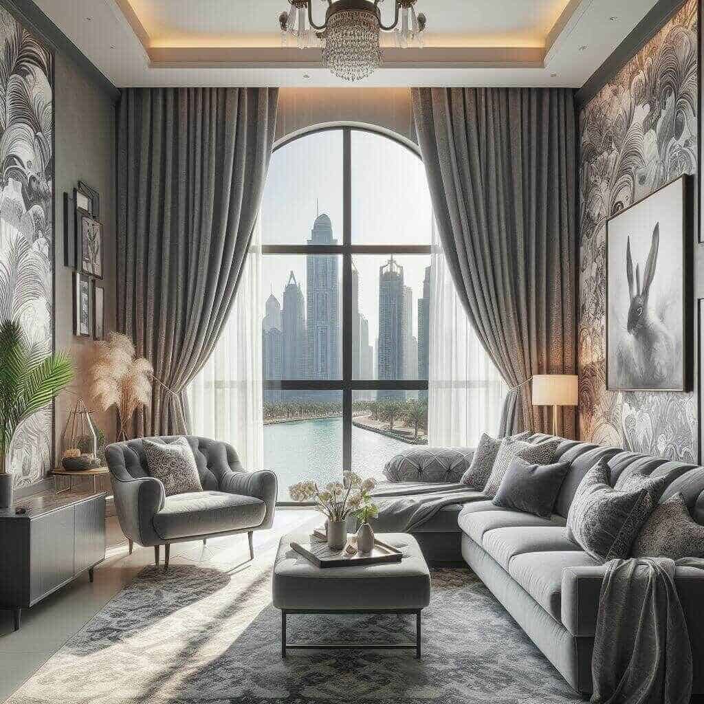 Dubai living room design gray sofa gray curtains 