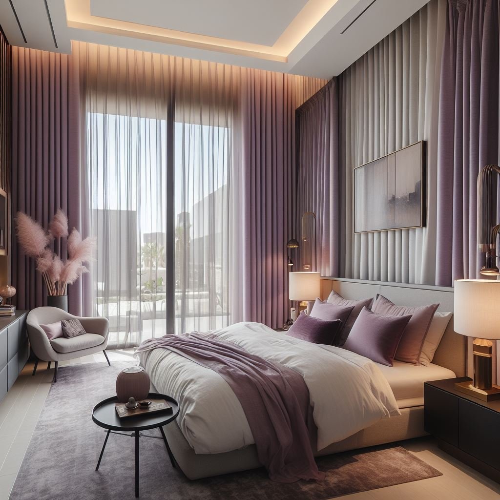 window treatment in Dubai bedroom purple curtains 