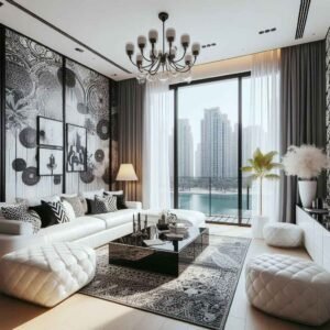 black and white chick interiors Dubai living room 