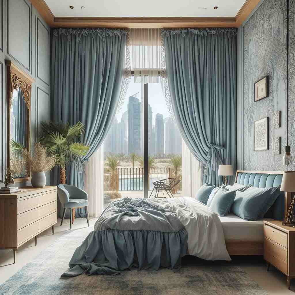 window treatment in Dubai bedroom ocean blue curtains 