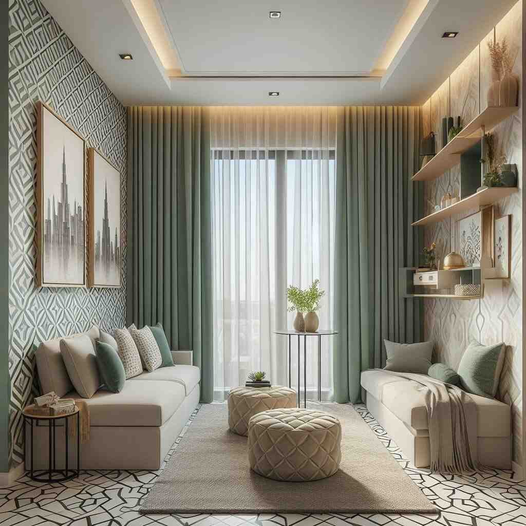 Small room design green curtains