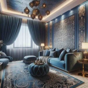 blue curtains in Dubai living room wallpaper with Arabian patterns 