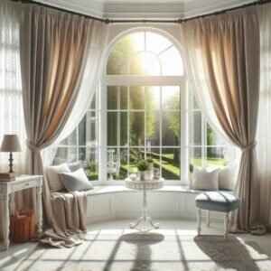 bay pole window with curtains