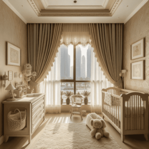 nursery design, room in beige color