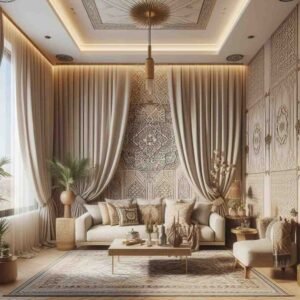 luxury curtains, Dubai living room wallpapers with Arabian patterns 