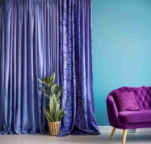 Light blue walls with purple curtains