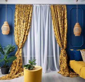 Navy blue walls yellow curtains