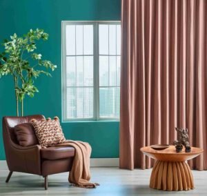 Teal blue walls brown curtains