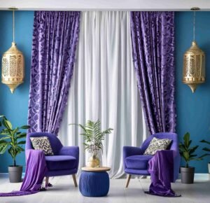 Purple Curtains matching blue wall color 