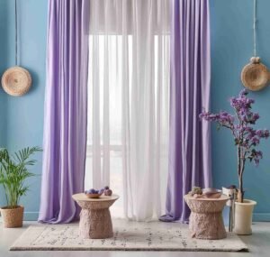 Powder blue walls lavender curtains 