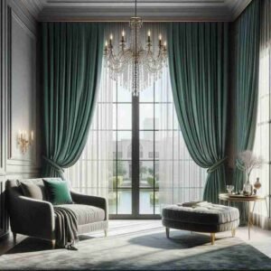 Gray walls with emerald green curtains