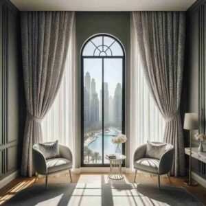 Gray wall white curtains