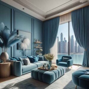 make room look bigger with curtains in blue