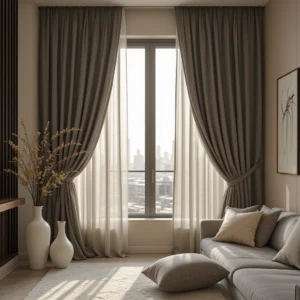 silk curtains in brown color in modern Dubai apartment