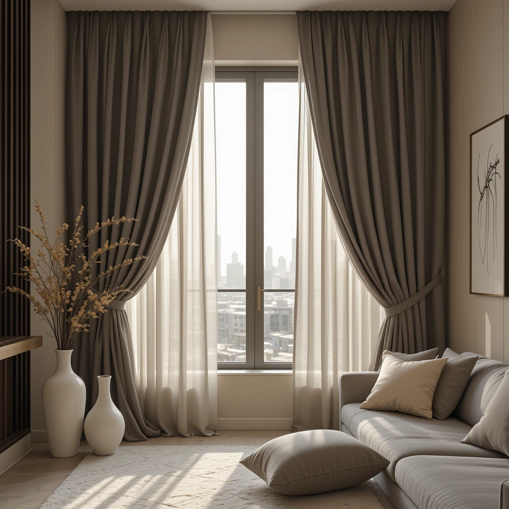 silk curtains in brown color in modern Dubai apartment