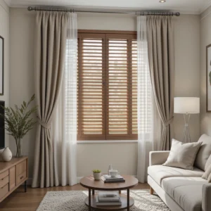 motorized curtains blinds in beige color in modern Dubai apartment